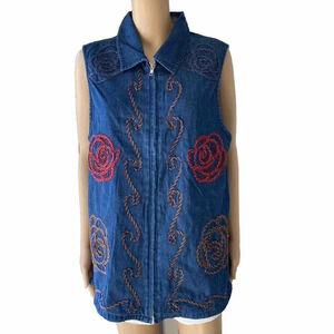 VTG Y2K Bobbie Brooks Denim Artsy Embroidery Sleeveless Full Zip Shirt Women L
